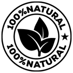 100% Natural logo with leaves and stars on a black background