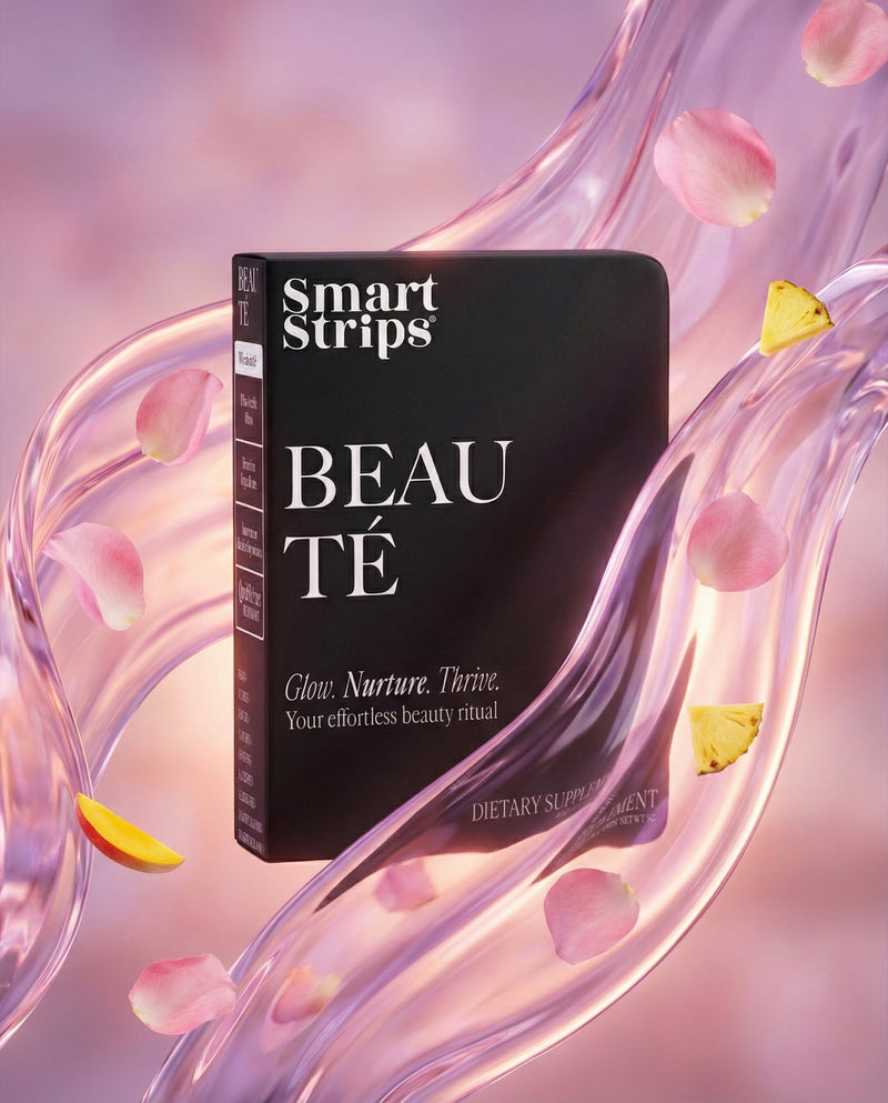 Smart Strips BEAU TE dietary supplement package with decorative elements on a pink background