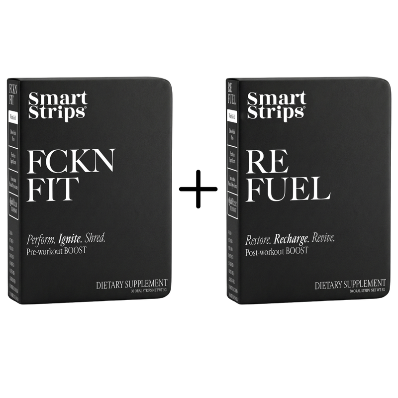 Two black boxes of Smart Strips dietary supplements labeled 'FCKN FIT' and 'RE FUEL' on a white background.