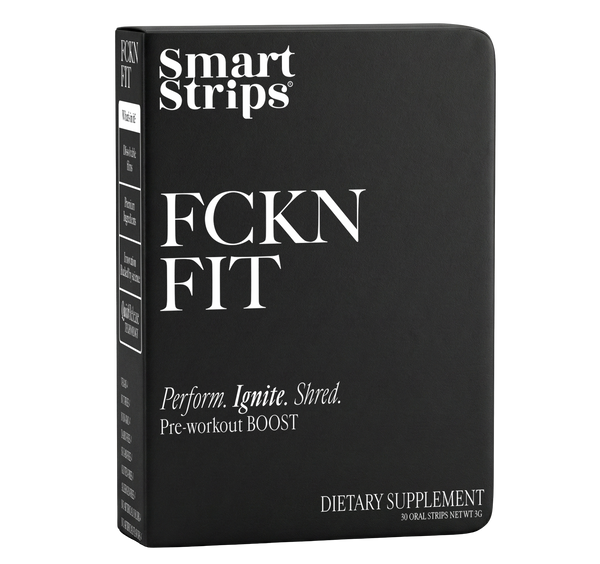 Black box of Smart Strips FCKN FIT dietary supplement with white text on a white background